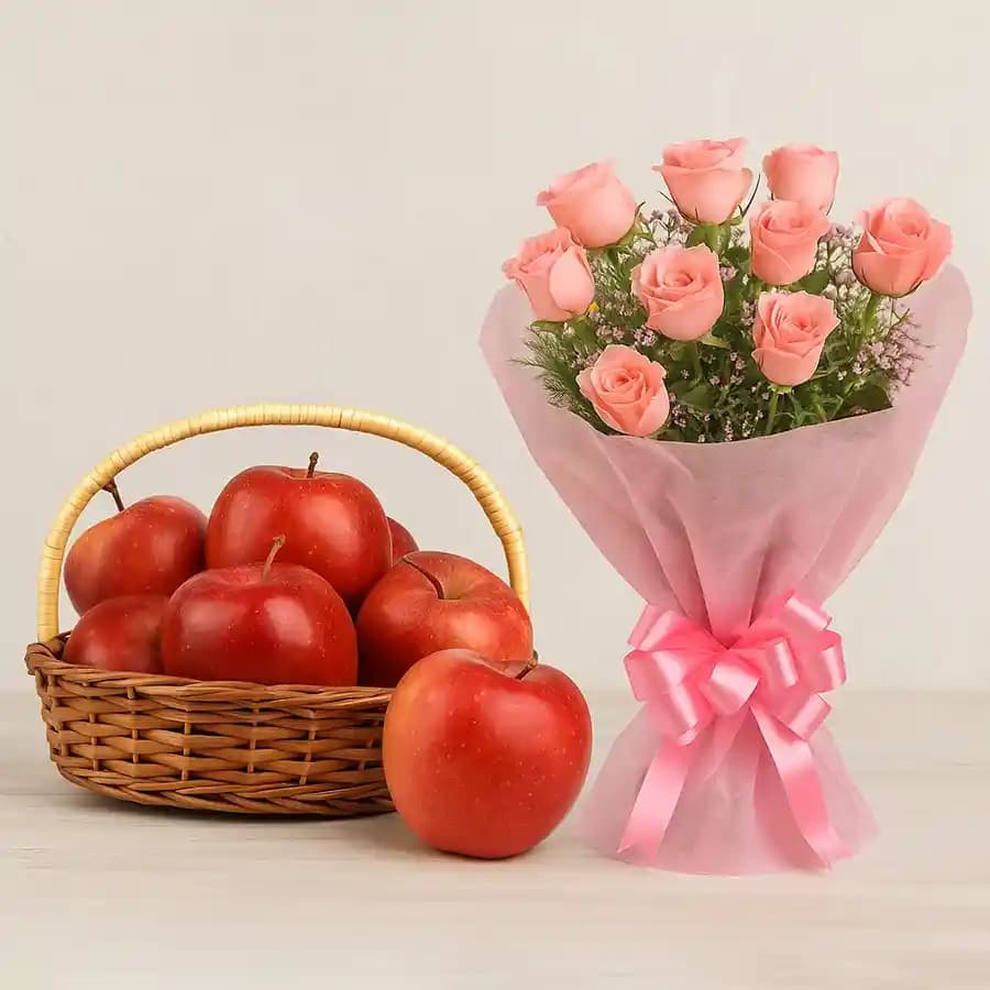 Delicious Apples in Basket with Pink Rose Bouquet