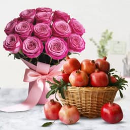 Lovely Pink Roses Bouquet with Pomegranates in Basket 1