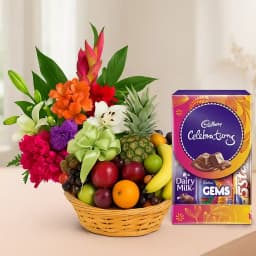 Healthy Mixed Fruits Basket with Chocolates and Mixed Flowers Bouquet 1