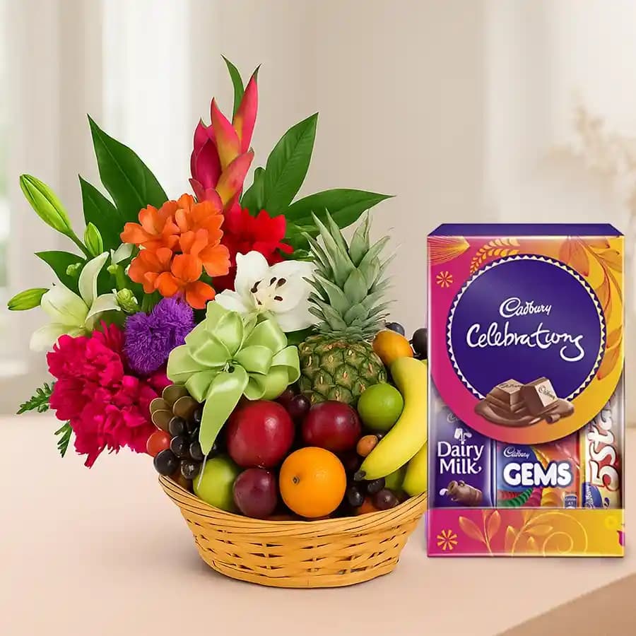 Healthy Mixed Fruits Basket with Chocolates and Mixed Flowers Bouquet