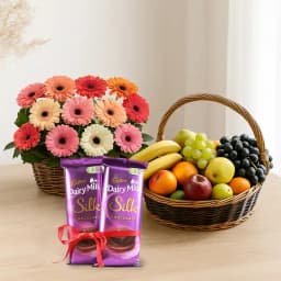 Yummy Mixed Fruits Basket with Gerberas Arrangement and Dairy Milk Silk 1