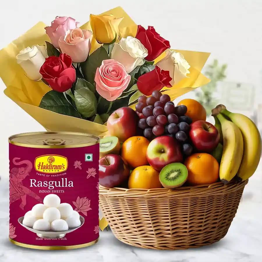 Delightful Mixed Fruits Basket with Mixed Roses Bouquet and Haldirams Rasgulla