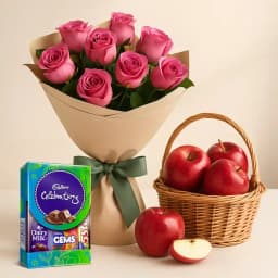 Tangy Bunch of Pink Roses with Dairy Milk Celebration and Apples Basket 1