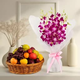 Delectable Fresh Fruits Basket with Orchids Bouquet 1
