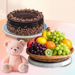 Premium Fresh Fruits Basket with Chocolate Cake and Teddy with Candles 1