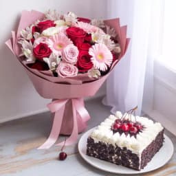 Mixed fresh Seasonal Flowers with festive Black Forest Cake 1