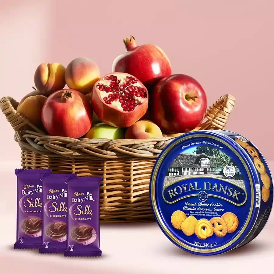 Special Danish Cookies N Chocolate Gift Basket with Fruits