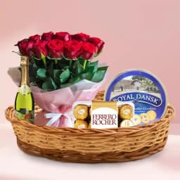 Luscious Taste of Tradition Gourmet Basket with Red Rose Bunch 1