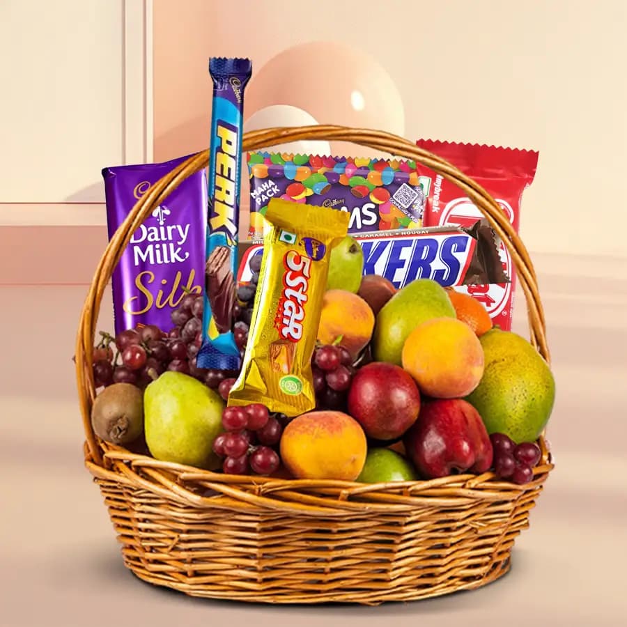Tasty Assorted Chocolates Gift Hamper with Mixed Fruits