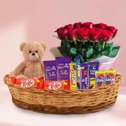 Yummy Chocolates Gift Basket with Red Roses 1