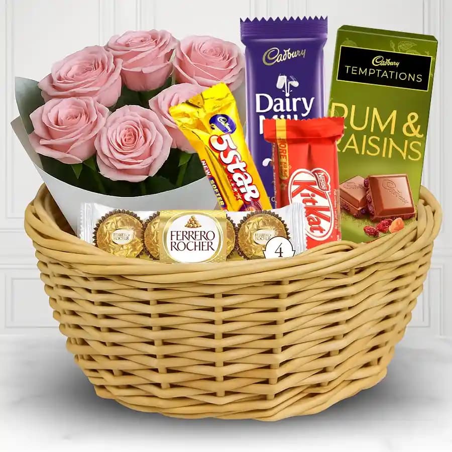Joyful Selection of Pink Roses with Chocolate Gift Hamper