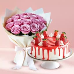 Yummy Strawberry Cake with Pink Roses Bouquet 1