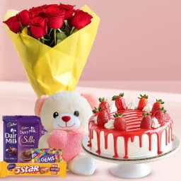 Lip Smacking Strawberry Cake with Chocolates Rose Bouquet N Teddy for Birthday 1