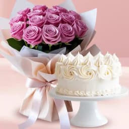 Enticing Vanilla Cake with Pink Roses Bouquet 1