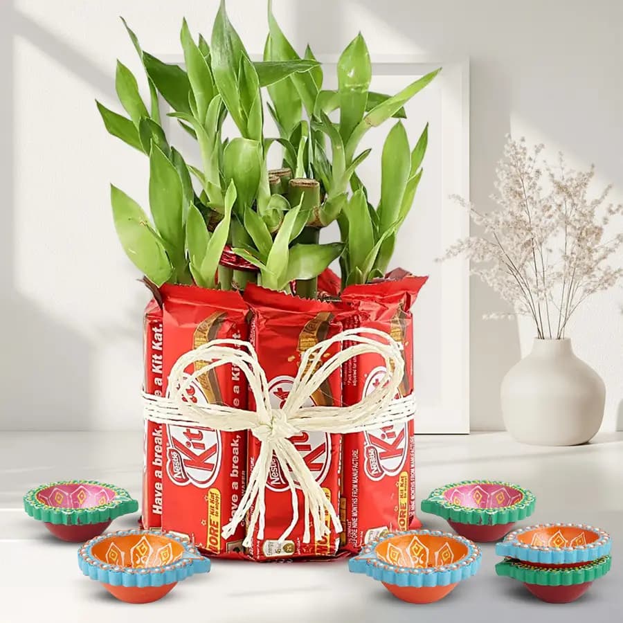 2 Tier Lucky Bamboo N Kitkat Arrangement with Diya