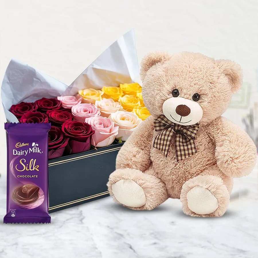 Lovely Gift Box of Dutch Roses with Teddy N Dairy Milk Silk