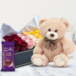 Beautiful Dutch Roses Box with Dairy Milk Silk N Teddy 1