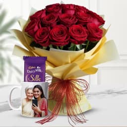 Arresting Red Rose Bouquet with Personalized Mug N Dairy Milk Silk 1