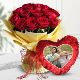 Classic Bouquet of Red Roses with Personalized Photo Cushion 1