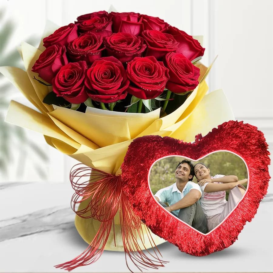 Classic Bouquet of Red Roses with Personalized Photo Cushion