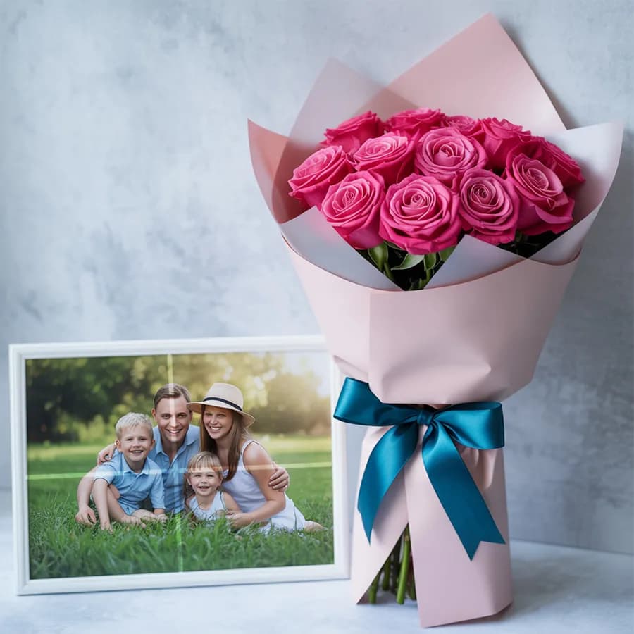 Blossoming Rose Day Bouquet with Personalized Photo Tile