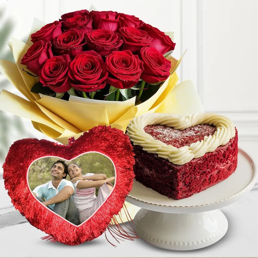 Designer Red Rose Bouquet with Heart Shape Red Velvet Cake N Personalized Cushion