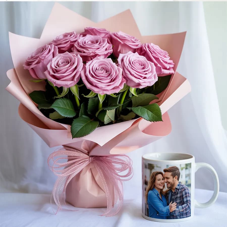 Beautiful Pink Rose Arrangement with Personalized Coffee Mug