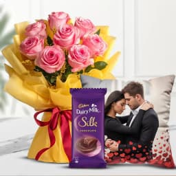 Magical Pink Rose Bunch with Personalized Cushion N Cadbury Silk 1