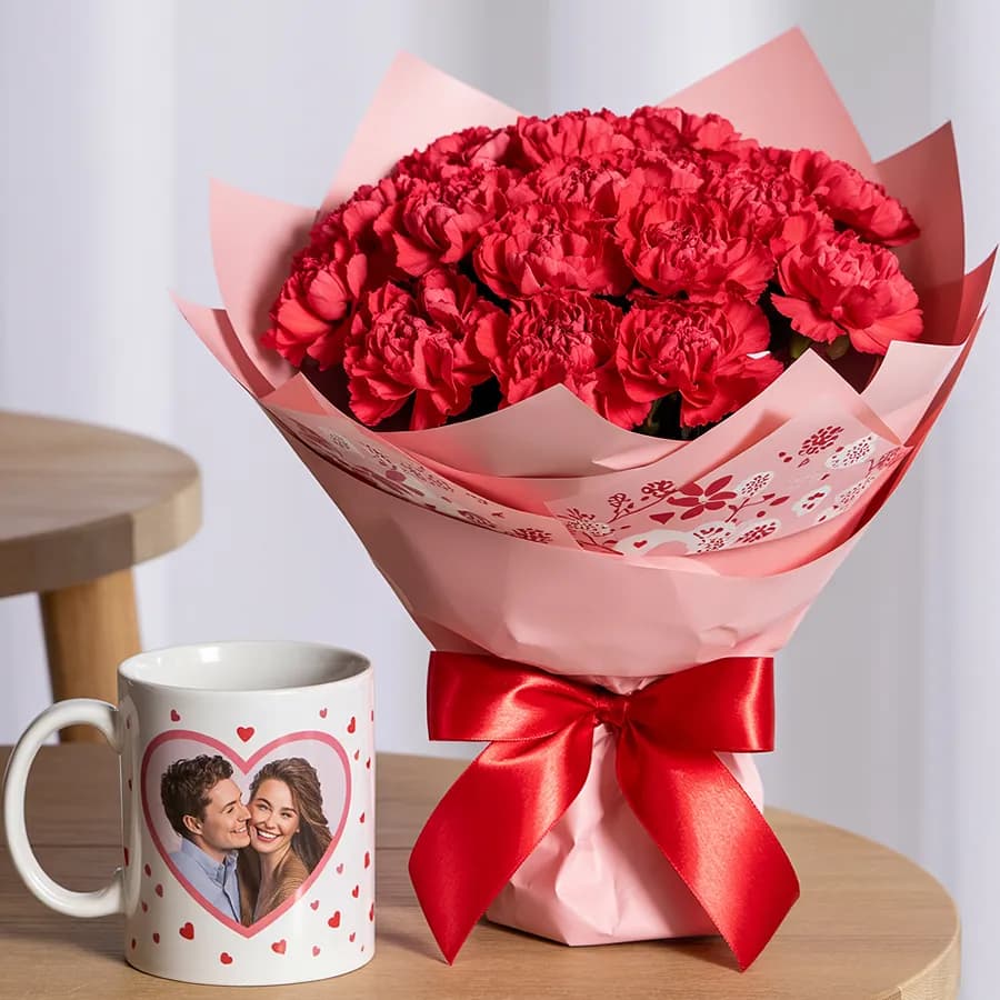 Elegant Bouquet of Red Carnations with Personalized Coffee Mug