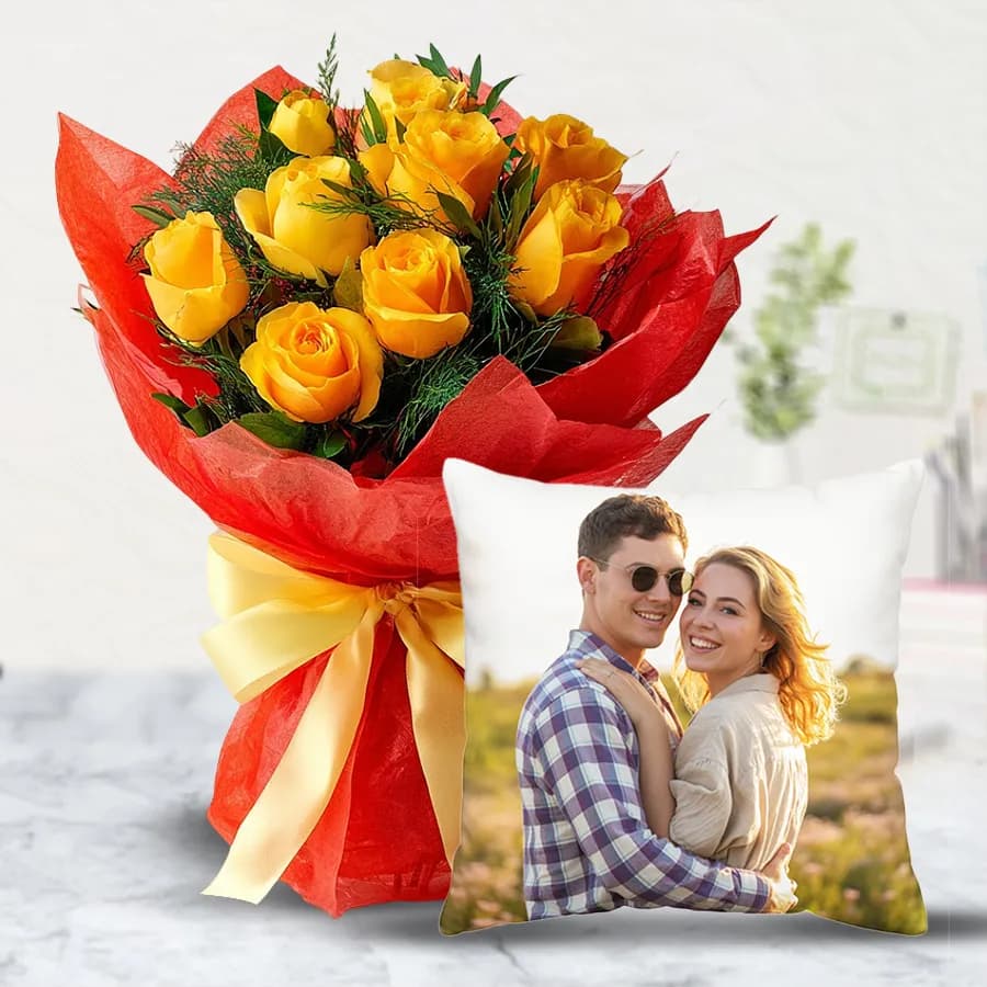 Lovely Bunch of Yellow Roses with Personalized Photo Cushion