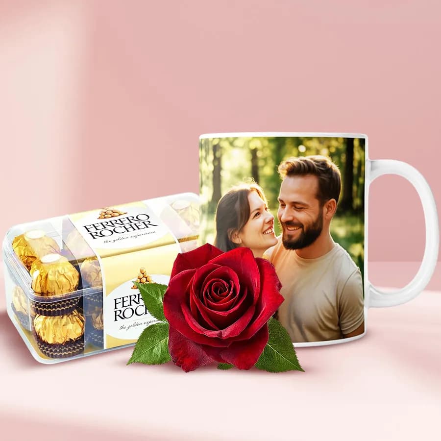 Delicious Ferrero Rocher with Personalized Mug N Red Rose