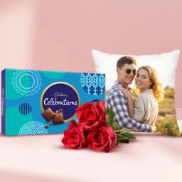 Adorable Pack of Cadbury Celebration with Cushion N Red Rose Posy 1
