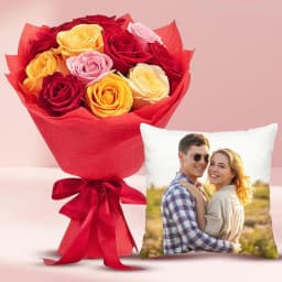 Blushing Arrangement of Mix Roses with Personalized Cushion 1