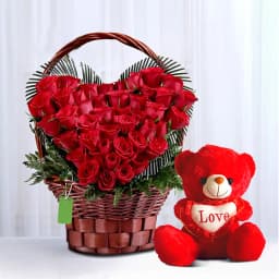 Classic Heart Shape Bouquet of Red Carnations with Teddy 1