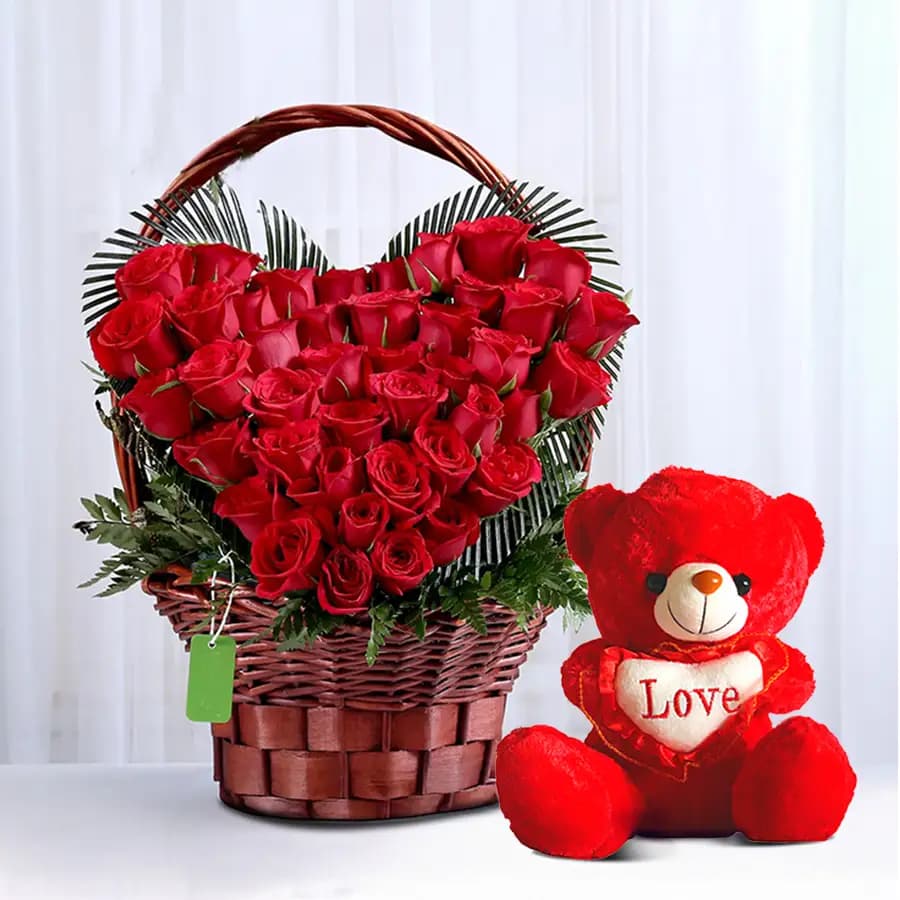 Classic Heart Shape Bouquet of Red Carnations with Teddy
