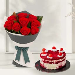 Graceful Collection of Red Roses with Red Velvet Cake 1