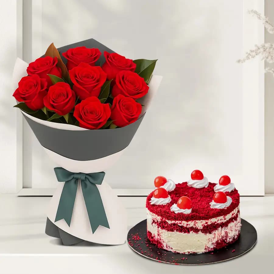 Graceful Collection of Red Roses with Red Velvet Cake