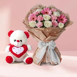Classy Mixed Flower Basket with Teddy Bear 1