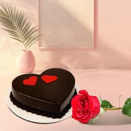Chocolaty Treat of Heart Shape Cake with Single Red Rose 1