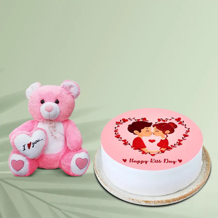 Angelic Gift of Strawberry Photo Cake with Love Teddy