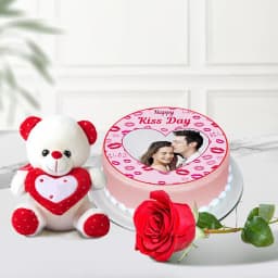 Vibrant Combo of Photo Cake with Single Rose N Cute Teddy 1