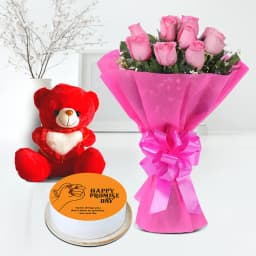 Alluring Promise Day Gift of Vanilla Cake with Pink Roses N Cute Teddy 1