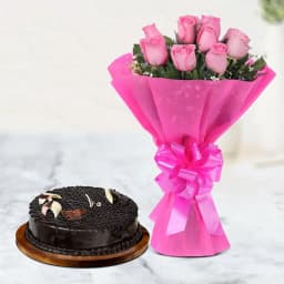 Most Promising Gift of Dark Chocolate Cake with Pink Rose Bouquet 1