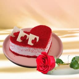 Blissful Heart Shape Chocolate Red Velvet Fusion Cake with Single Red Rose 1