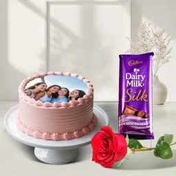 Remarkable Propose Day Gift of Photo Cake Single Rose N Cadbury Silk 1