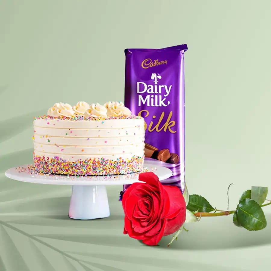 Yummy Vanilla Cake with Single Red Rose N Dairy Milk Silk