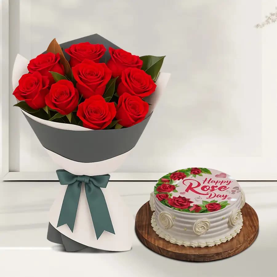 Scrumptious Personalized Rose Day Cake with Red Rose Bouquet