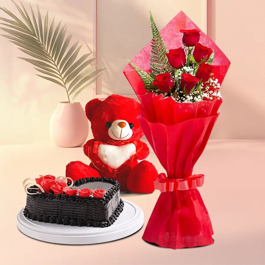 Appetizing Heart Shape Chocolate Cake with Lovely Roses Hand Bunch N Hugging Teddy
