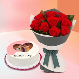 Sumptuous Vanilla Photo Cake with Red Rose Hand Bunch 1