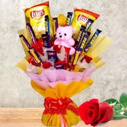 Marvelous Bouquet of Chocolates Chips N Teddy with Single Red Rose 1